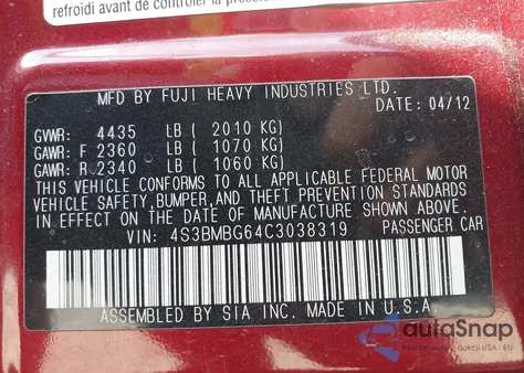 2012 Subaru Legacy 2.5I Premium из США, поврежденный, VIN 4S3BMBG64C3038319